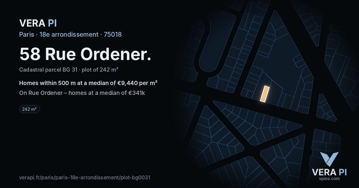 58 Rue Ordener, 18e arrondissement at night – the plot lit, the parcels around coloured by the prices near them