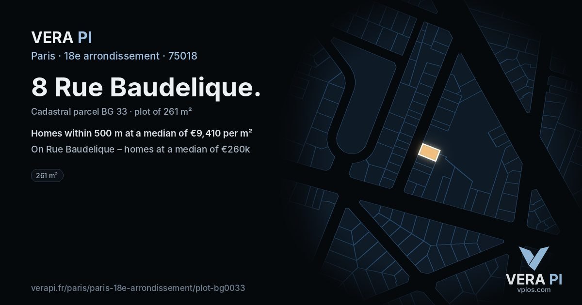 8 Rue Baudelique, 18e arrondissement at night – the plot lit, the parcels around coloured by the prices near them