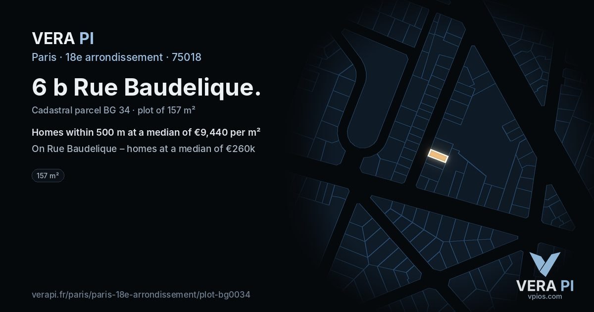 6 b Rue Baudelique, 18e arrondissement at night – the plot lit, the parcels around coloured by the prices near them
