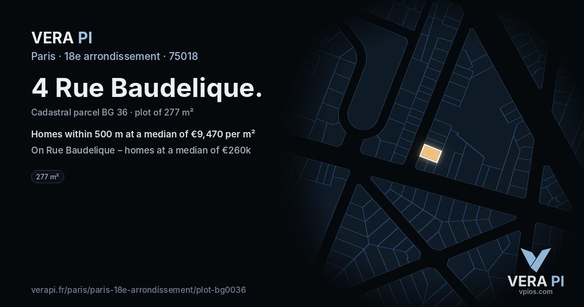 4 Rue Baudelique, 18e arrondissement at night – the plot lit, the parcels around coloured by the prices near them