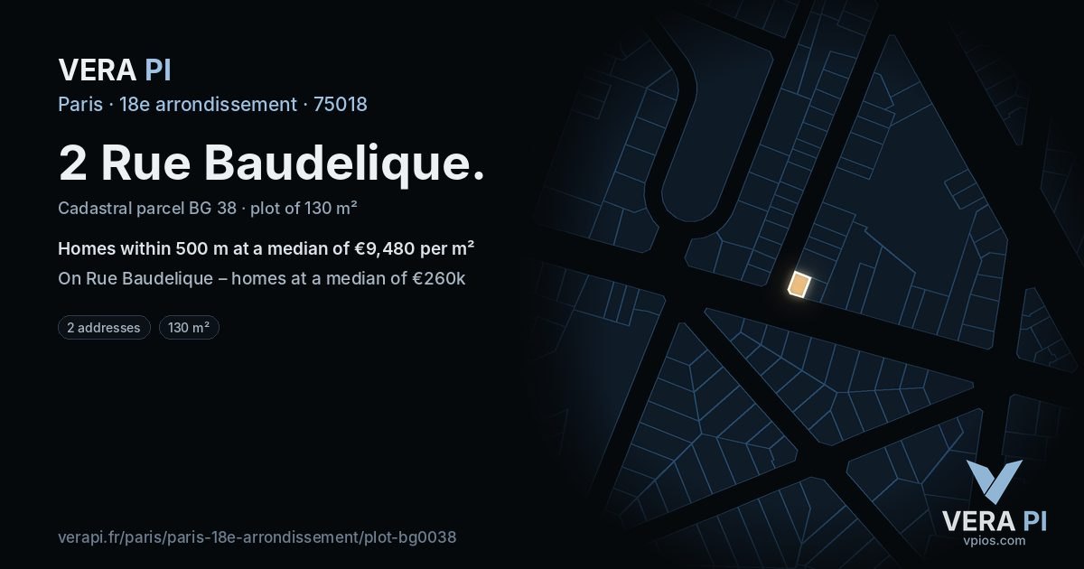 2 Rue Baudelique, 18e arrondissement at night – the plot lit, the parcels around coloured by the prices near them