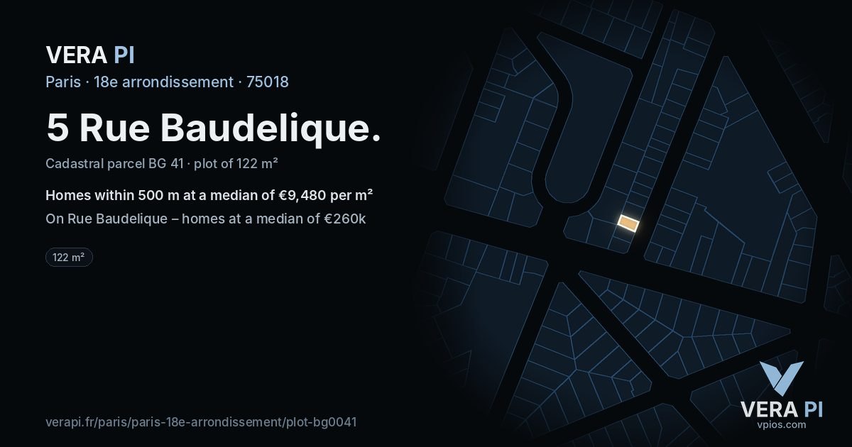 5 Rue Baudelique, 18e arrondissement at night – the plot lit, the parcels around coloured by the prices near them