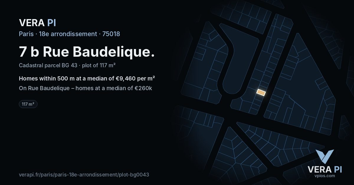 7 b Rue Baudelique, 18e arrondissement at night – the plot lit, the parcels around coloured by the prices near them