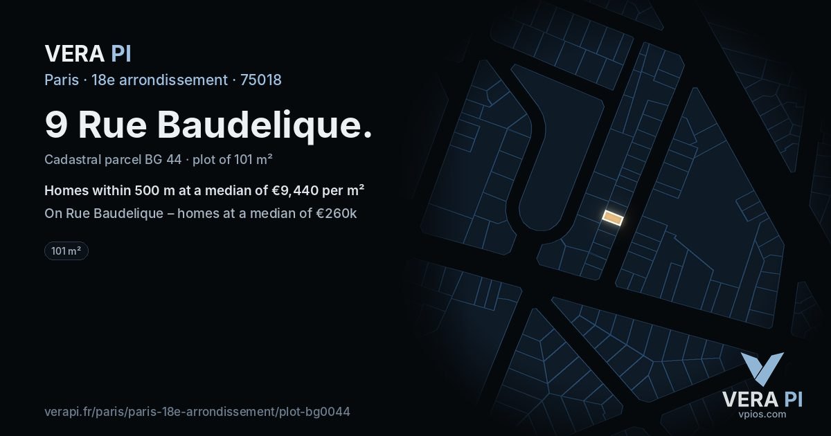 9 Rue Baudelique, 18e arrondissement at night – the plot lit, the parcels around coloured by the prices near them