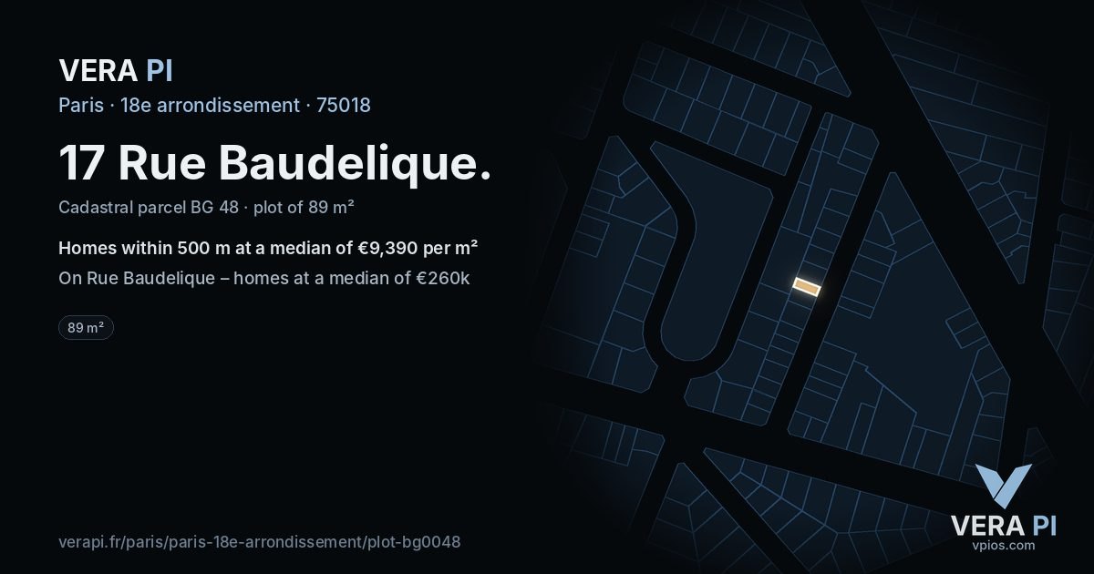 17 Rue Baudelique, 18e arrondissement at night – the plot lit, the parcels around coloured by the prices near them