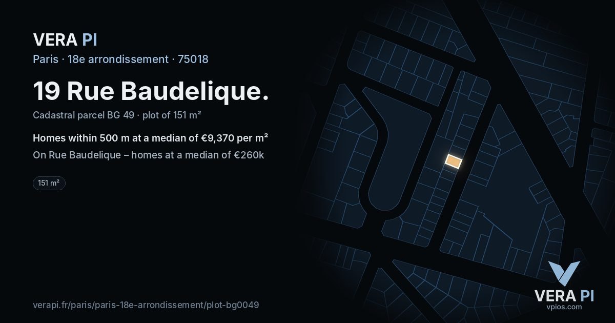 19 Rue Baudelique, 18e arrondissement at night – the plot lit, the parcels around coloured by the prices near them