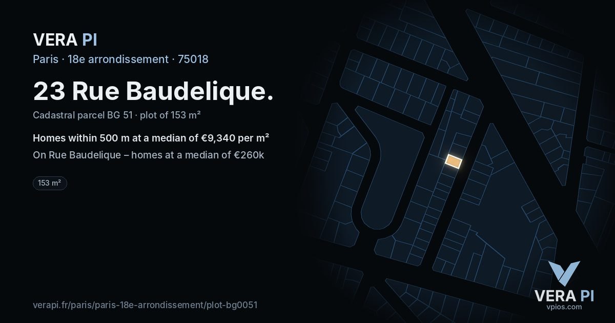 23 Rue Baudelique, 18e arrondissement at night – the plot lit, the parcels around coloured by the prices near them