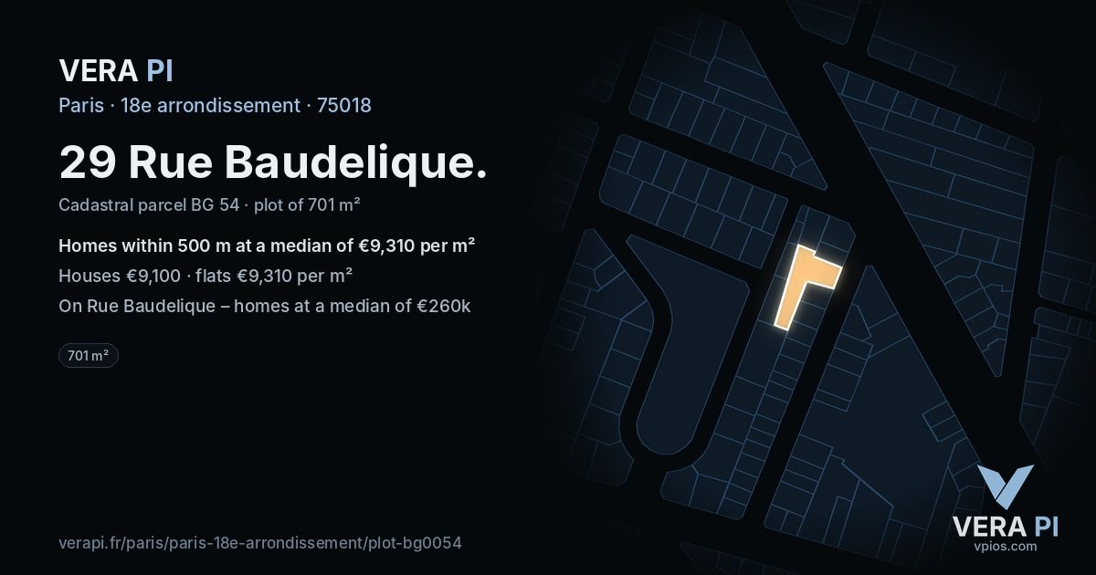29 Rue Baudelique, 18e arrondissement at night – the plot lit, the parcels around coloured by the prices near them