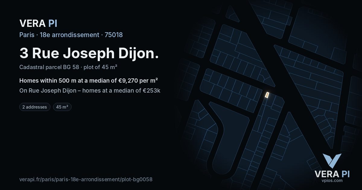 3 Rue Joseph Dijon, 18e arrondissement at night – the plot lit, the parcels around coloured by the prices near them
