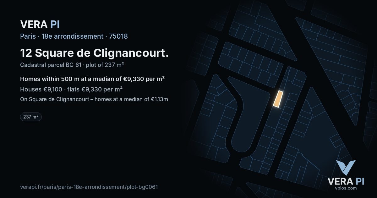 12 Square de Clignancourt, 18e arrondissement at night – the plot lit, the parcels around coloured by the prices near them
