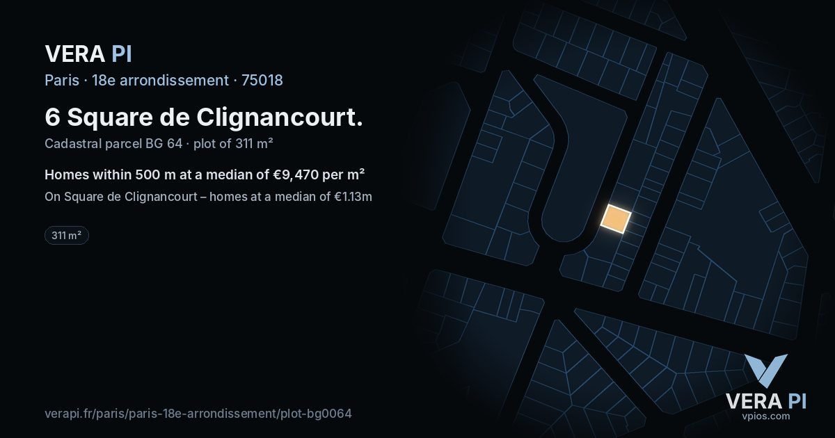 6 Square de Clignancourt, 18e arrondissement at night – the plot lit, the parcels around coloured by the prices near them