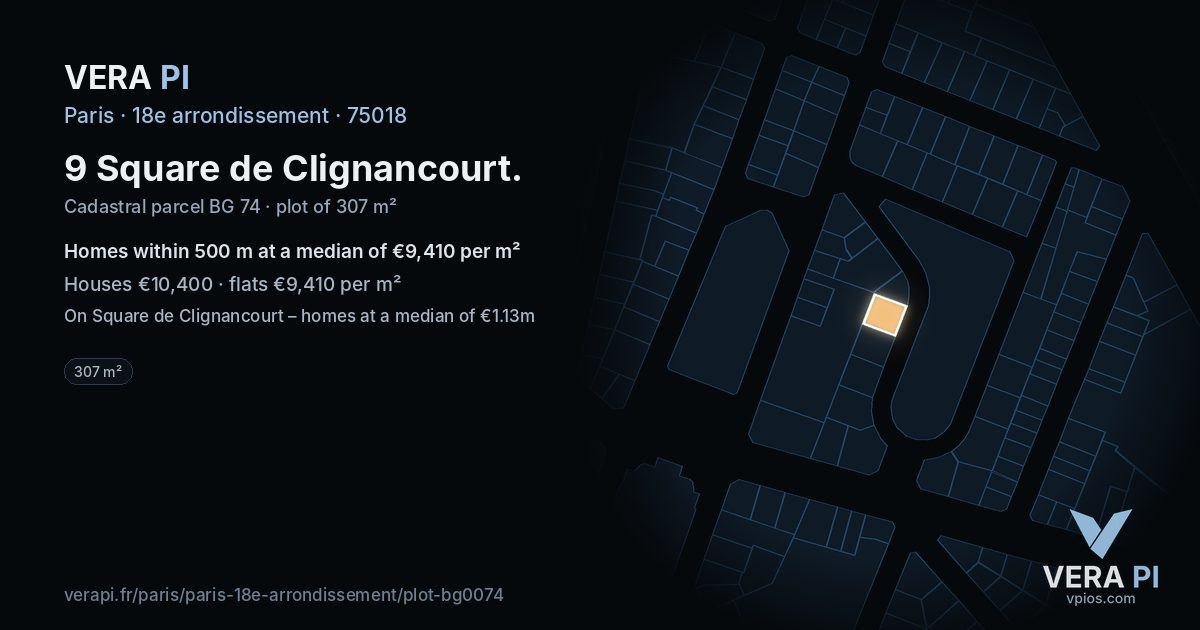 9 Square de Clignancourt, 18e arrondissement at night – the plot lit, the parcels around coloured by the prices near them