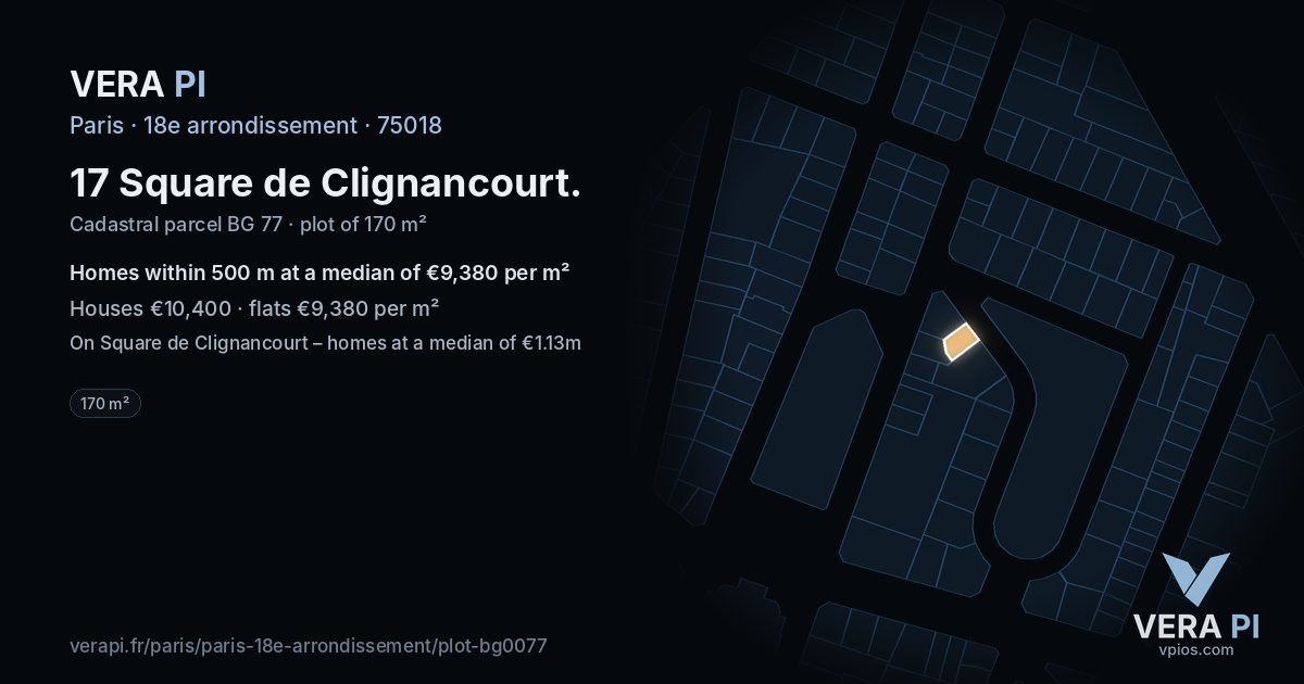 17 Square de Clignancourt, 18e arrondissement at night – the plot lit, the parcels around coloured by the prices near them