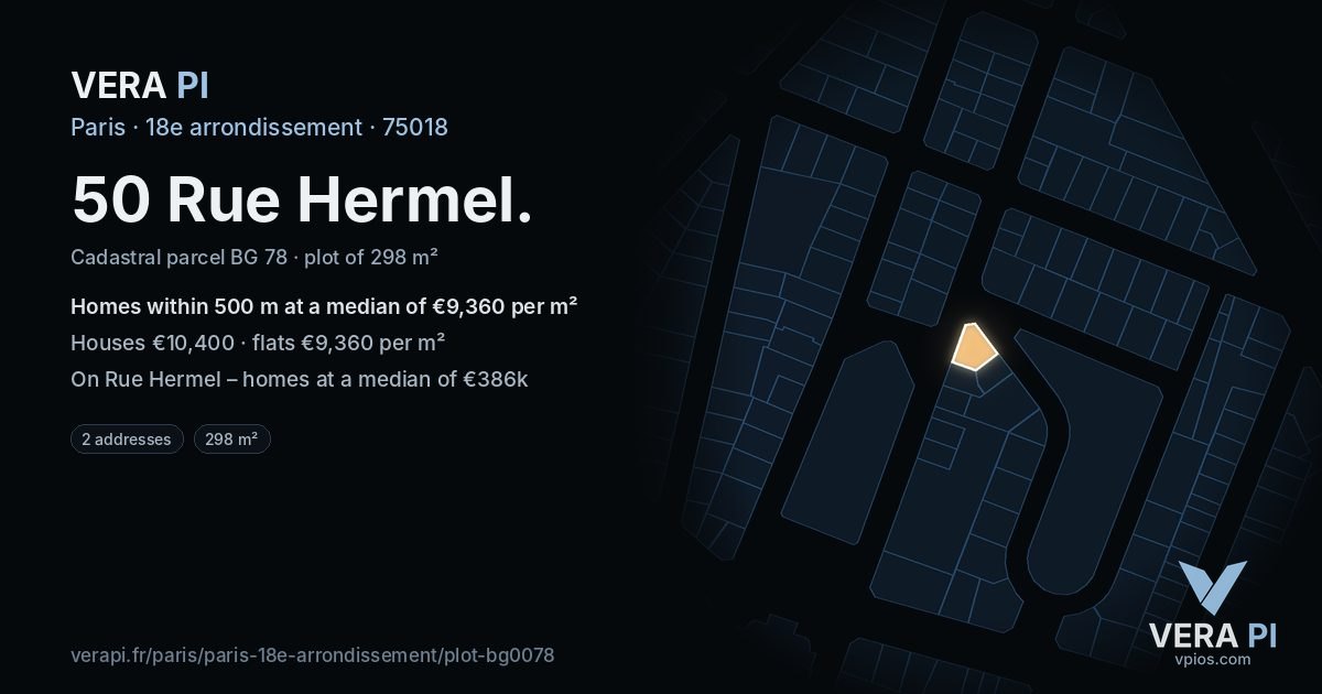 50 Rue Hermel, 18e arrondissement at night – the plot lit, the parcels around coloured by the prices near them