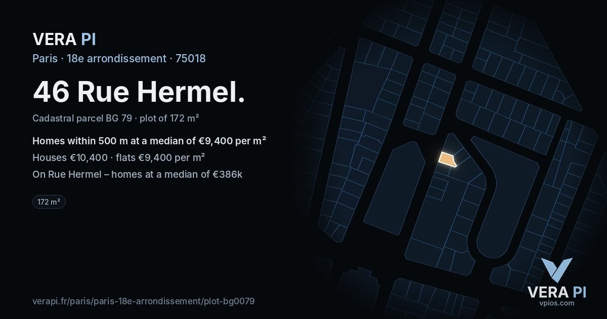 46 Rue Hermel, 18e arrondissement at night – the plot lit, the parcels around coloured by the prices near them