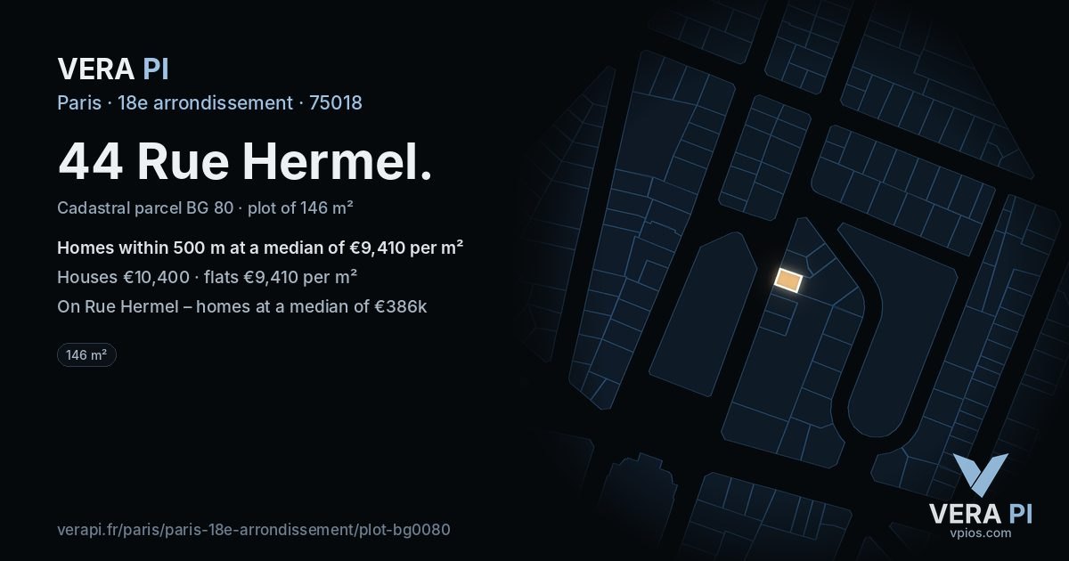 44 Rue Hermel, 18e arrondissement at night – the plot lit, the parcels around coloured by the prices near them