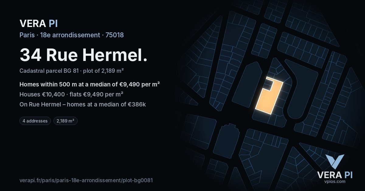 34 Rue Hermel, 18e arrondissement at night – the plot lit, the parcels around coloured by the prices near them