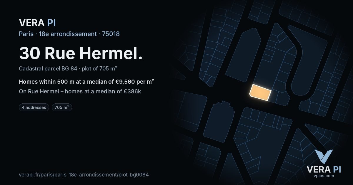 30 Rue Hermel, 18e arrondissement at night – the plot lit, the parcels around coloured by the prices near them