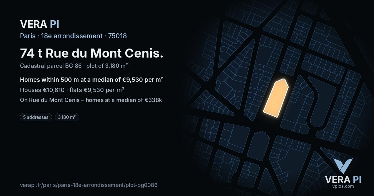 74 t Rue du Mont Cenis, 18e arrondissement at night – the plot lit, the parcels around coloured by the prices near them