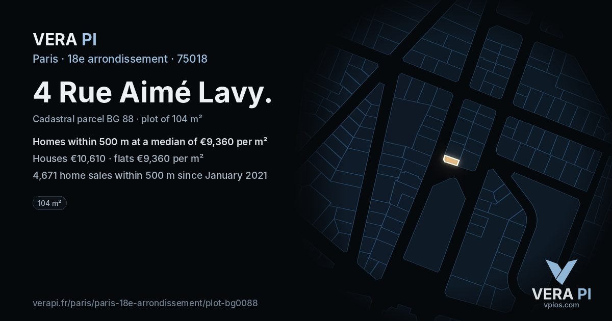 4 Rue Aimé Lavy, 18e arrondissement at night – the plot lit, the parcels around coloured by the prices near them