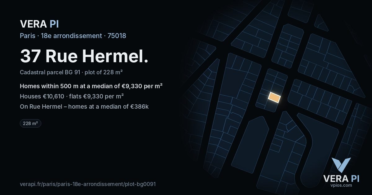 37 Rue Hermel, 18e arrondissement at night – the plot lit, the parcels around coloured by the prices near them