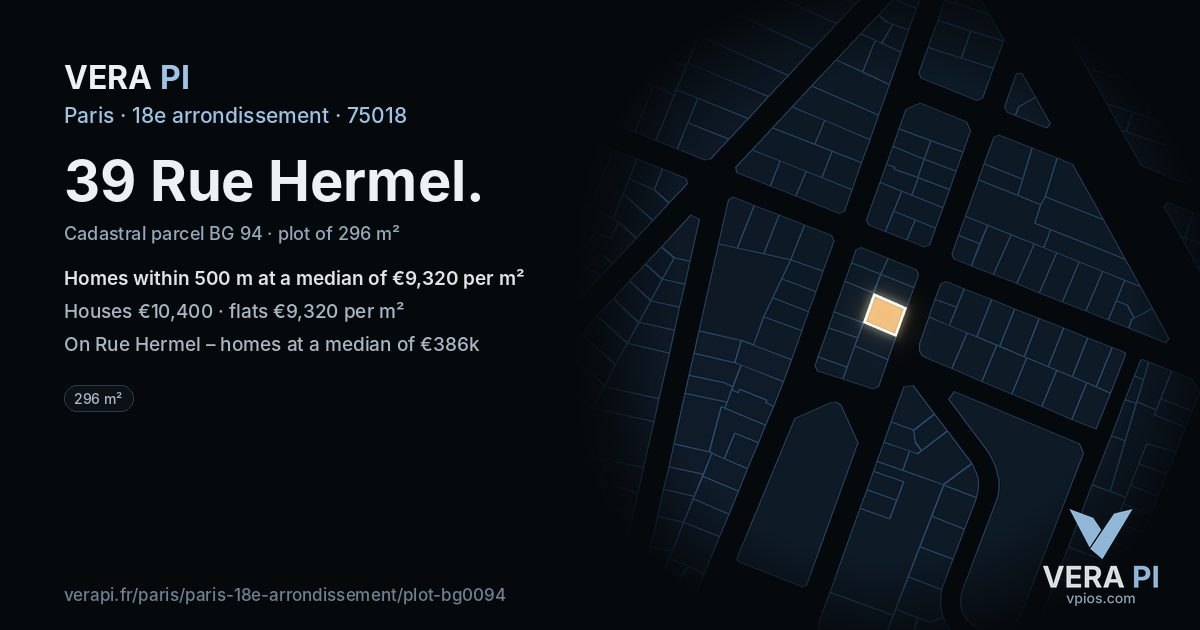39 Rue Hermel, 18e arrondissement at night – the plot lit, the parcels around coloured by the prices near them