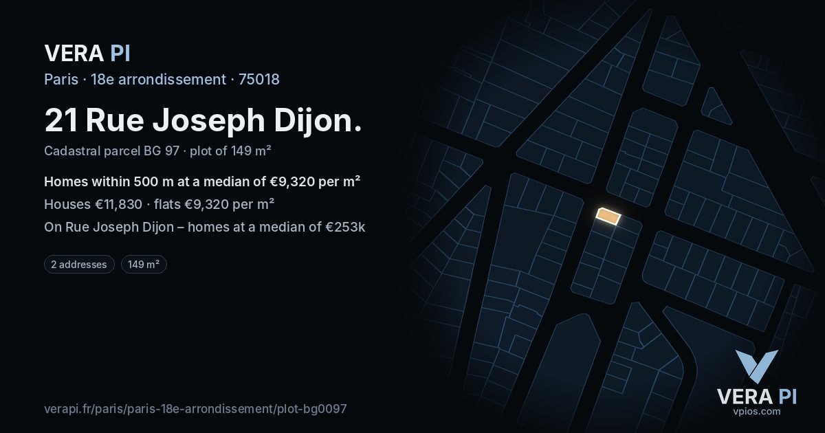 21 Rue Joseph Dijon, 18e arrondissement at night – the plot lit, the parcels around coloured by the prices near them