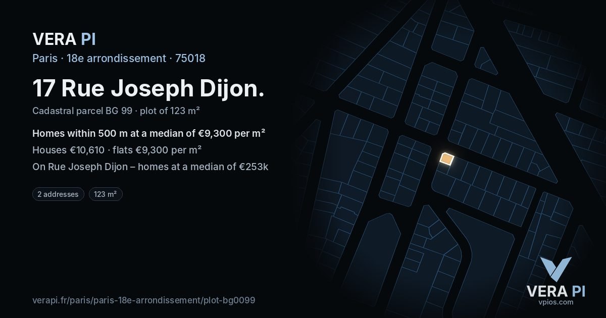 17 Rue Joseph Dijon, 18e arrondissement at night – the plot lit, the parcels around coloured by the prices near them