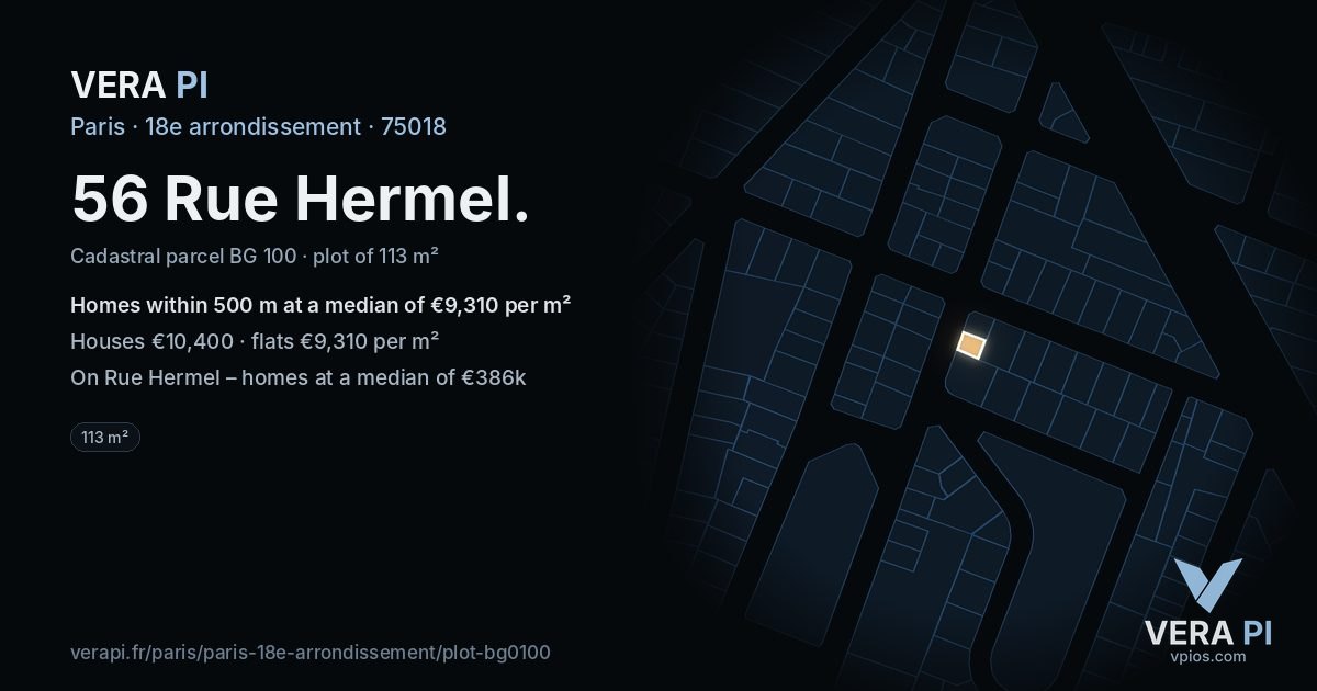56 Rue Hermel, 18e arrondissement at night – the plot lit, the parcels around coloured by the prices near them