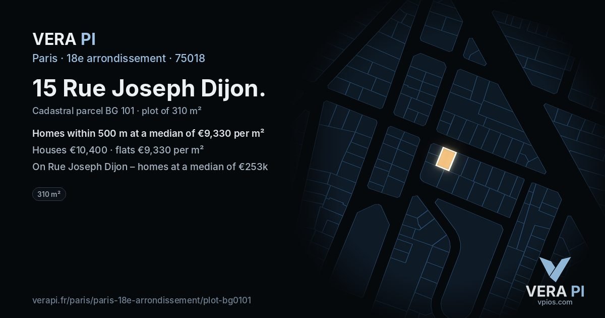 15 Rue Joseph Dijon, 18e arrondissement at night – the plot lit, the parcels around coloured by the prices near them