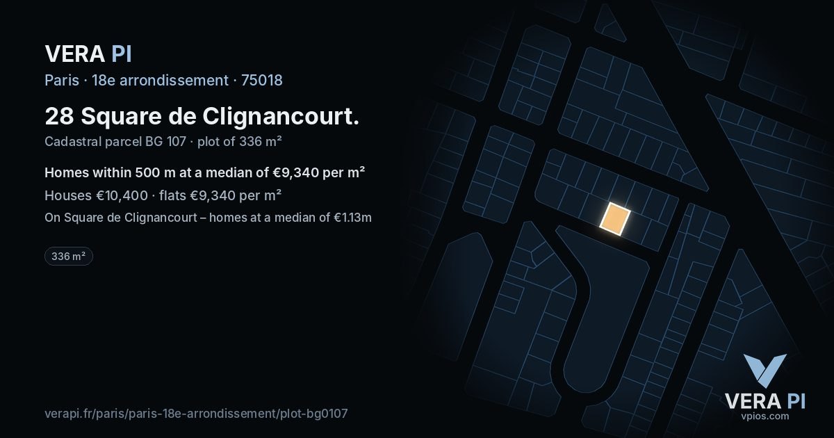 28 Square de Clignancourt, 18e arrondissement at night – the plot lit, the parcels around coloured by the prices near them
