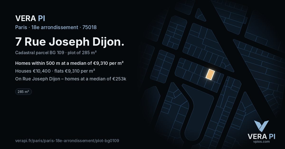7 Rue Joseph Dijon, 18e arrondissement at night – the plot lit, the parcels around coloured by the prices near them