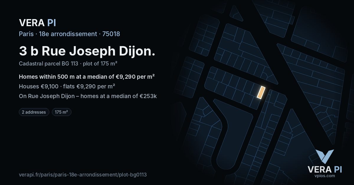 3 b Rue Joseph Dijon, 18e arrondissement at night – the plot lit, the parcels around coloured by the prices near them