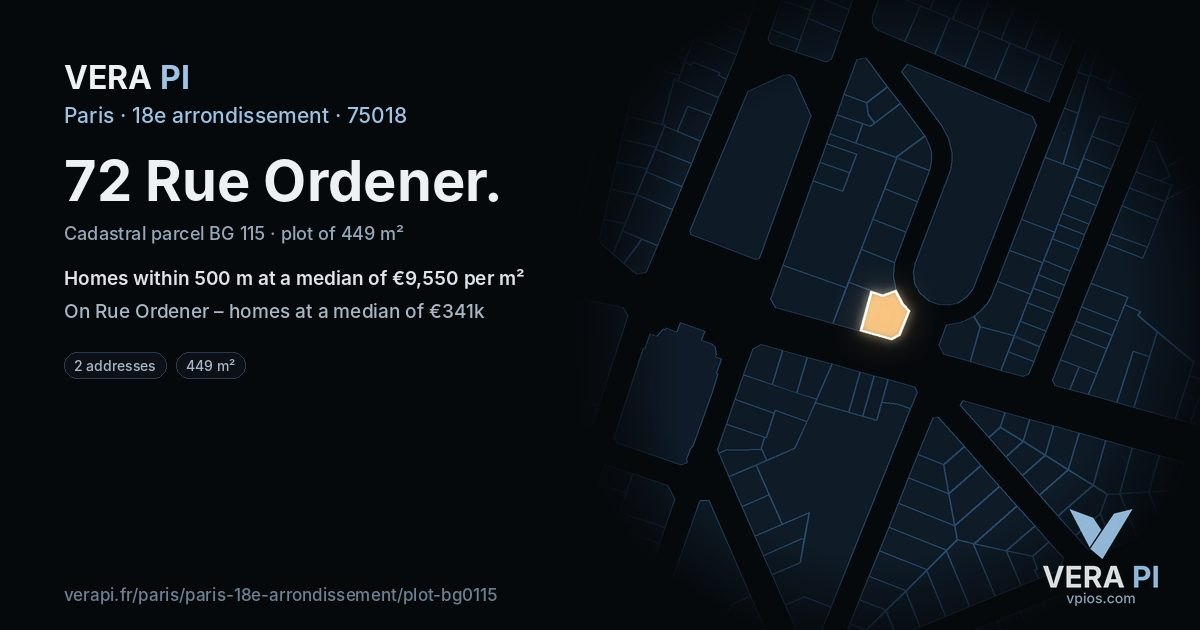 72 Rue Ordener, 18e arrondissement at night – the plot lit, the parcels around coloured by the prices near them