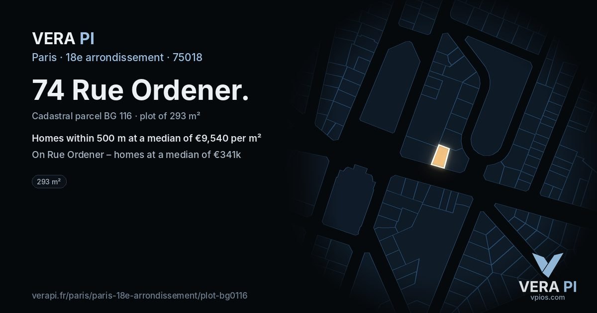 74 Rue Ordener, 18e arrondissement at night – the plot lit, the parcels around coloured by the prices near them