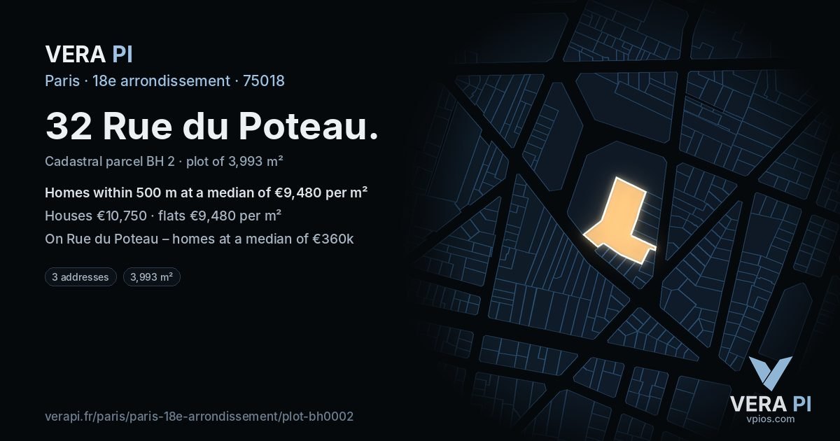 32 Rue du Poteau, 18e arrondissement at night – the plot lit, the parcels around coloured by the prices near them