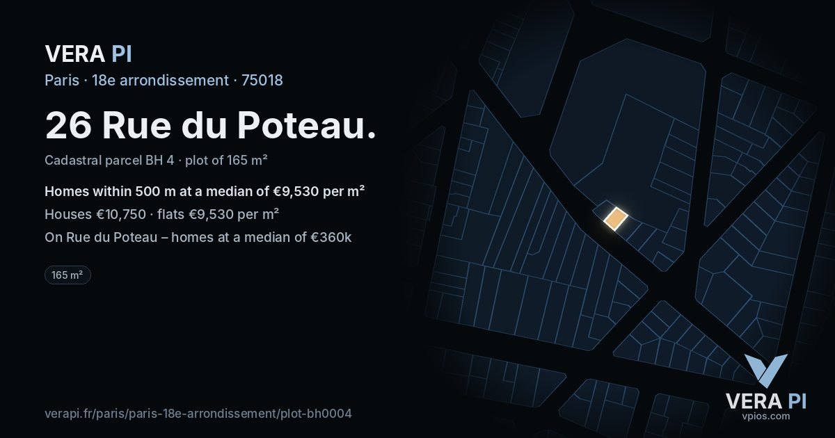26 Rue du Poteau, 18e arrondissement at night – the plot lit, the parcels around coloured by the prices near them