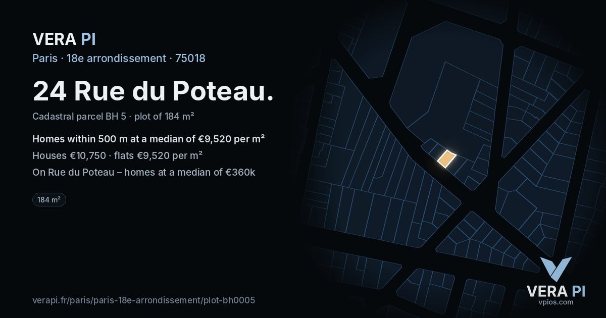 24 Rue du Poteau, 18e arrondissement at night – the plot lit, the parcels around coloured by the prices near them