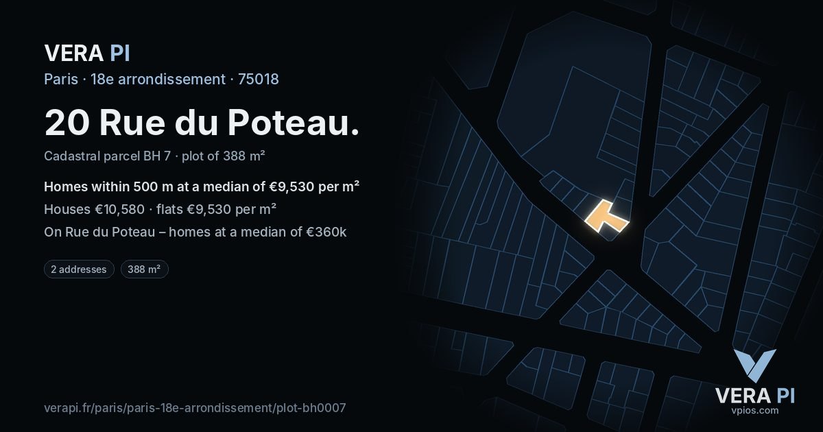 20 Rue du Poteau, 18e arrondissement at night – the plot lit, the parcels around coloured by the prices near them