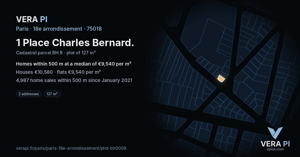 1 Place Charles Bernard, 18e arrondissement at night – the plot lit, the parcels around coloured by the prices near them