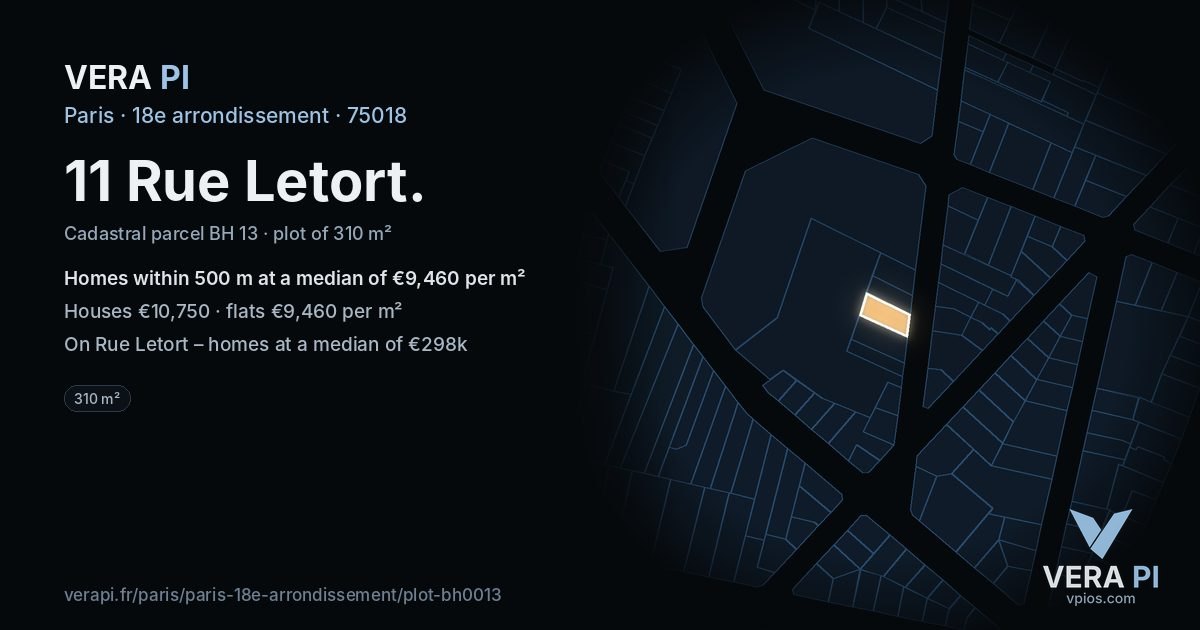 11 Rue Letort, 18e arrondissement at night – the plot lit, the parcels around coloured by the prices near them