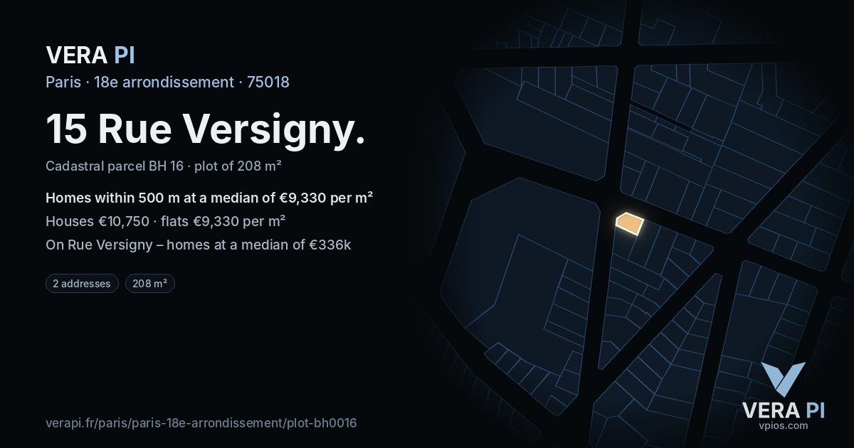 15 Rue Versigny, 18e arrondissement at night – the plot lit, the parcels around coloured by the prices near them