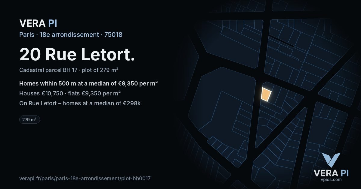 20 Rue Letort, 18e arrondissement at night – the plot lit, the parcels around coloured by the prices near them