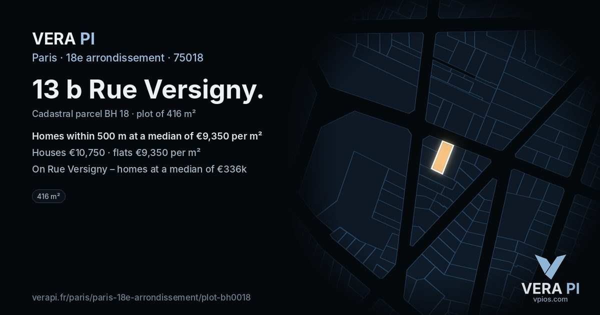 13 b Rue Versigny, 18e arrondissement at night – the plot lit, the parcels around coloured by the prices near them