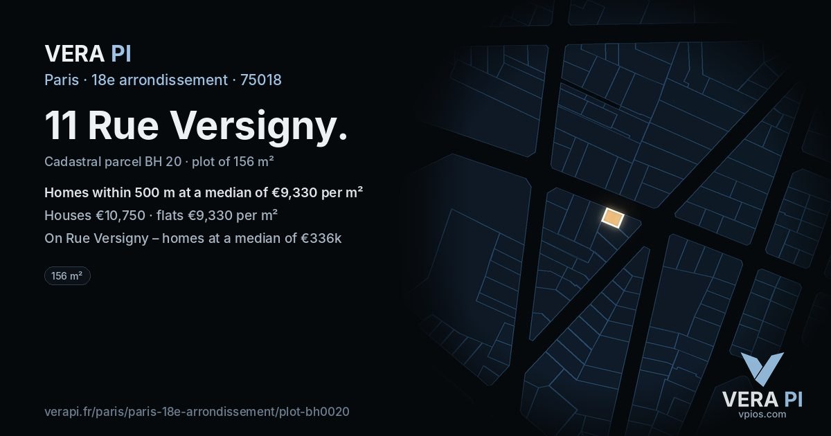 11 Rue Versigny, 18e arrondissement at night – the plot lit, the parcels around coloured by the prices near them