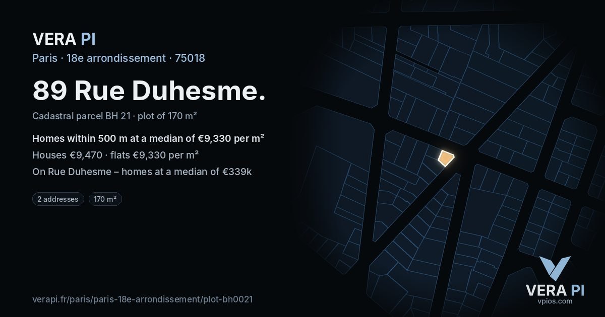 89 Rue Duhesme, 18e arrondissement at night – the plot lit, the parcels around coloured by the prices near them