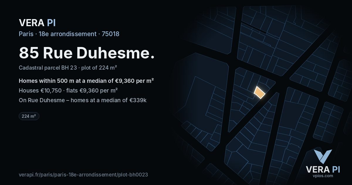 85 Rue Duhesme, 18e arrondissement at night – the plot lit, the parcels around coloured by the prices near them