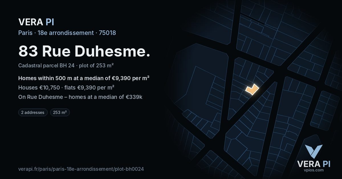 83 Rue Duhesme, 18e arrondissement at night – the plot lit, the parcels around coloured by the prices near them