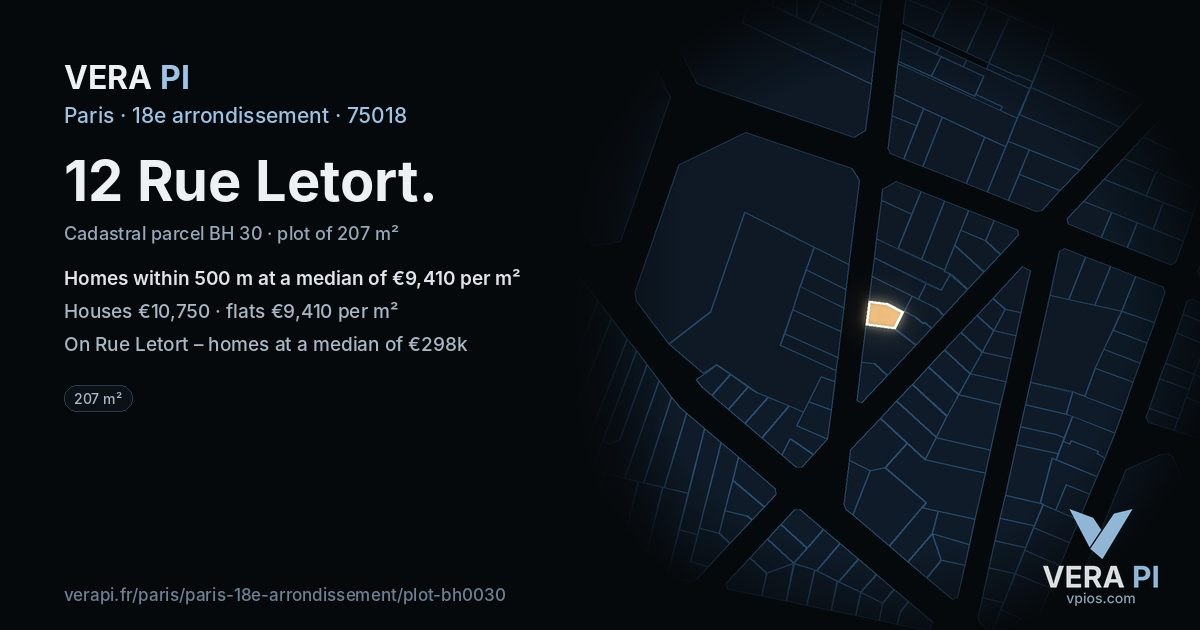 12 Rue Letort, 18e arrondissement at night – the plot lit, the parcels around coloured by the prices near them