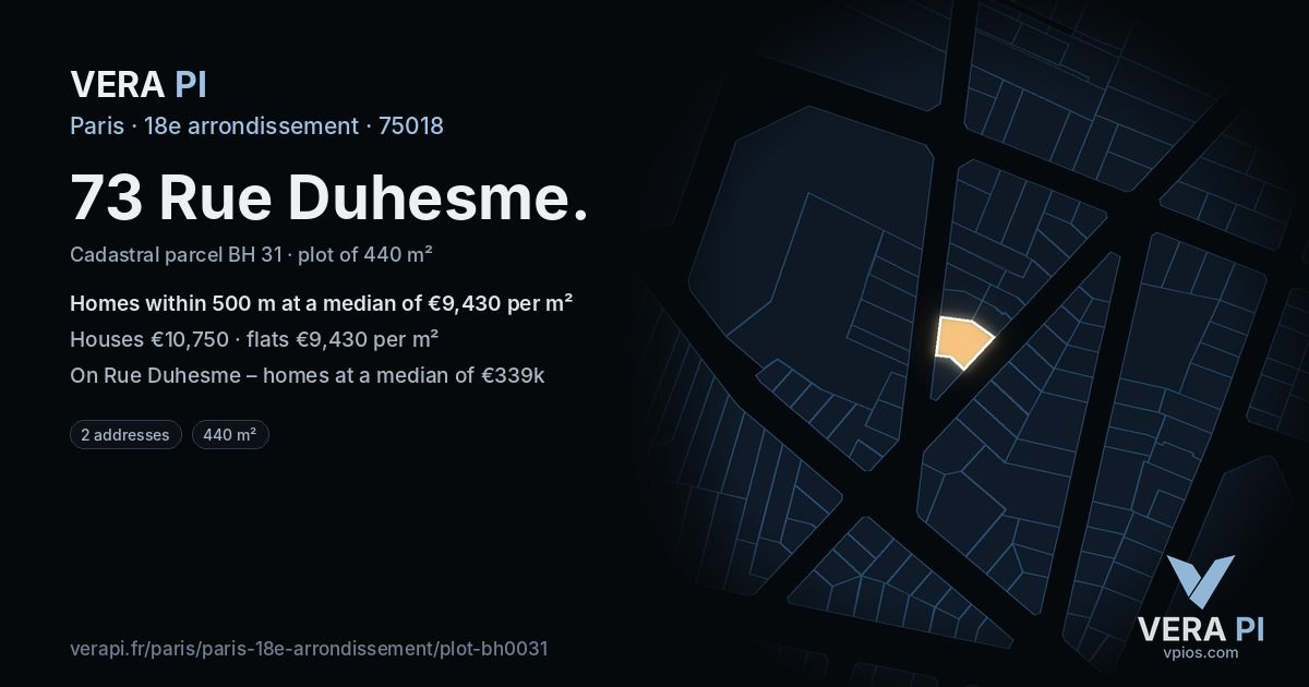 73 Rue Duhesme, 18e arrondissement at night – the plot lit, the parcels around coloured by the prices near them